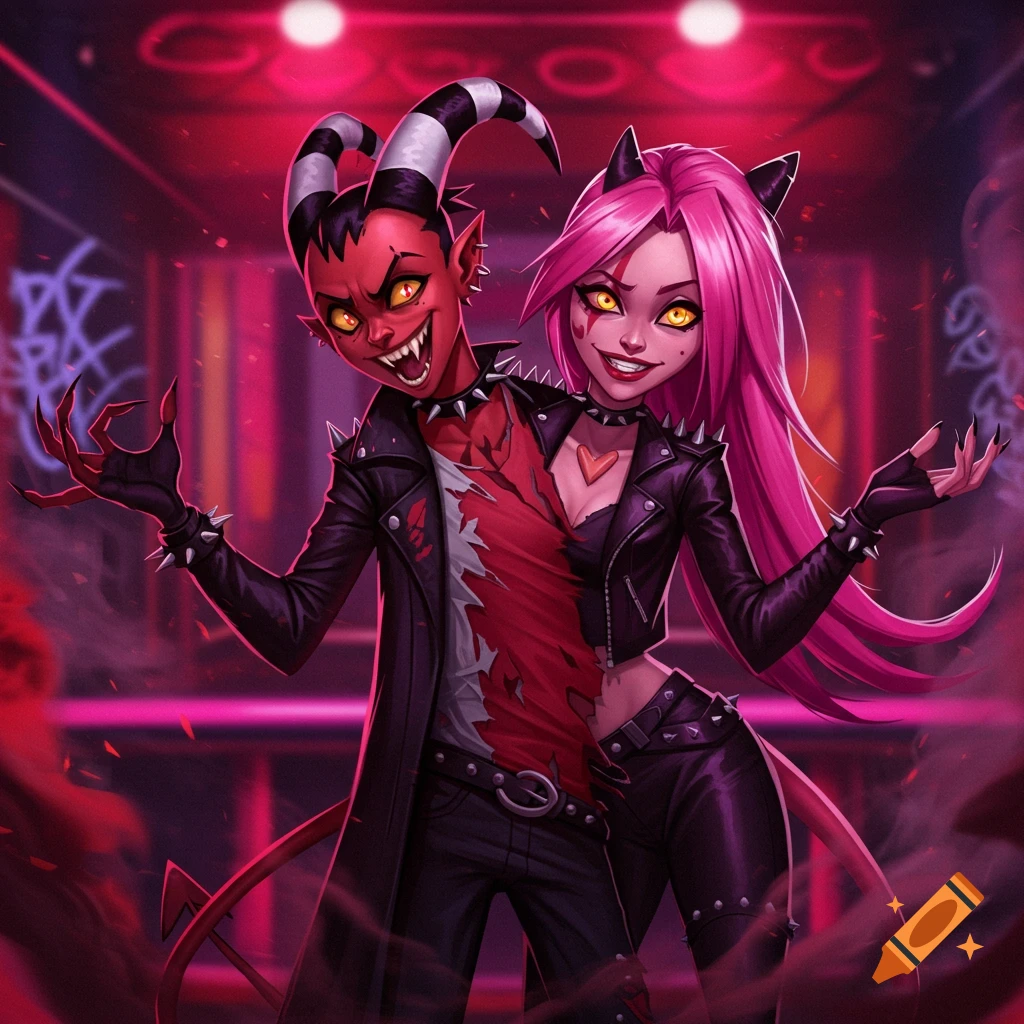 Two conjoined imp-like characters with horns, sharp teeth, and glowing yellow eyes, wearing punk leather jackets, against a red-lit background.