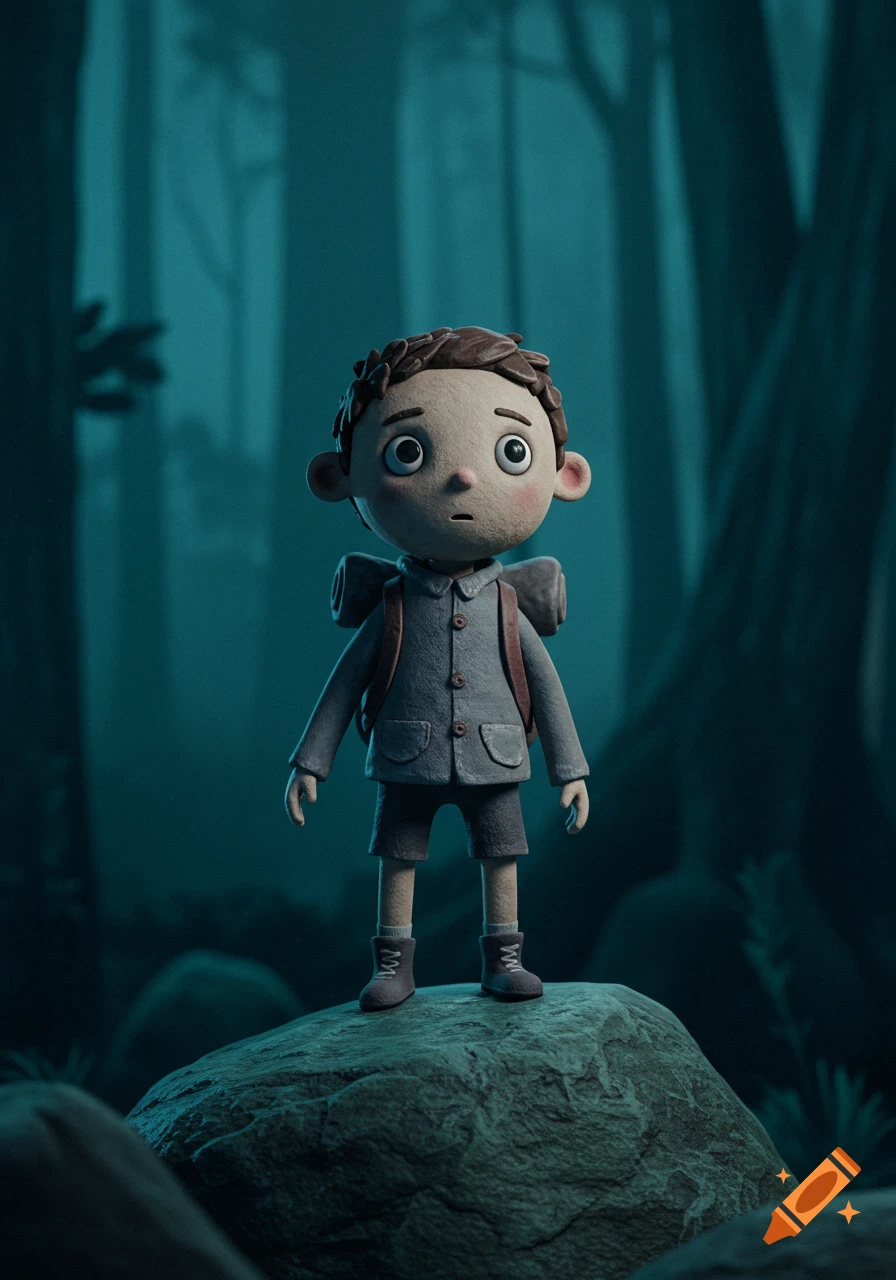 A handcrafted boy with wide eyes and a backpack stands on a rock in a dark, teal forest, in the style of a children's animated puppet film.