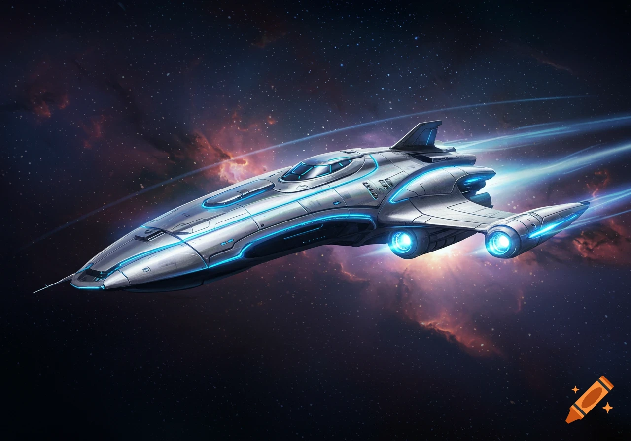 A sleek, futuristic silver spaceship with glowing blue accents flies through the vast, star-filled expanse of space, past colorful nebulas.