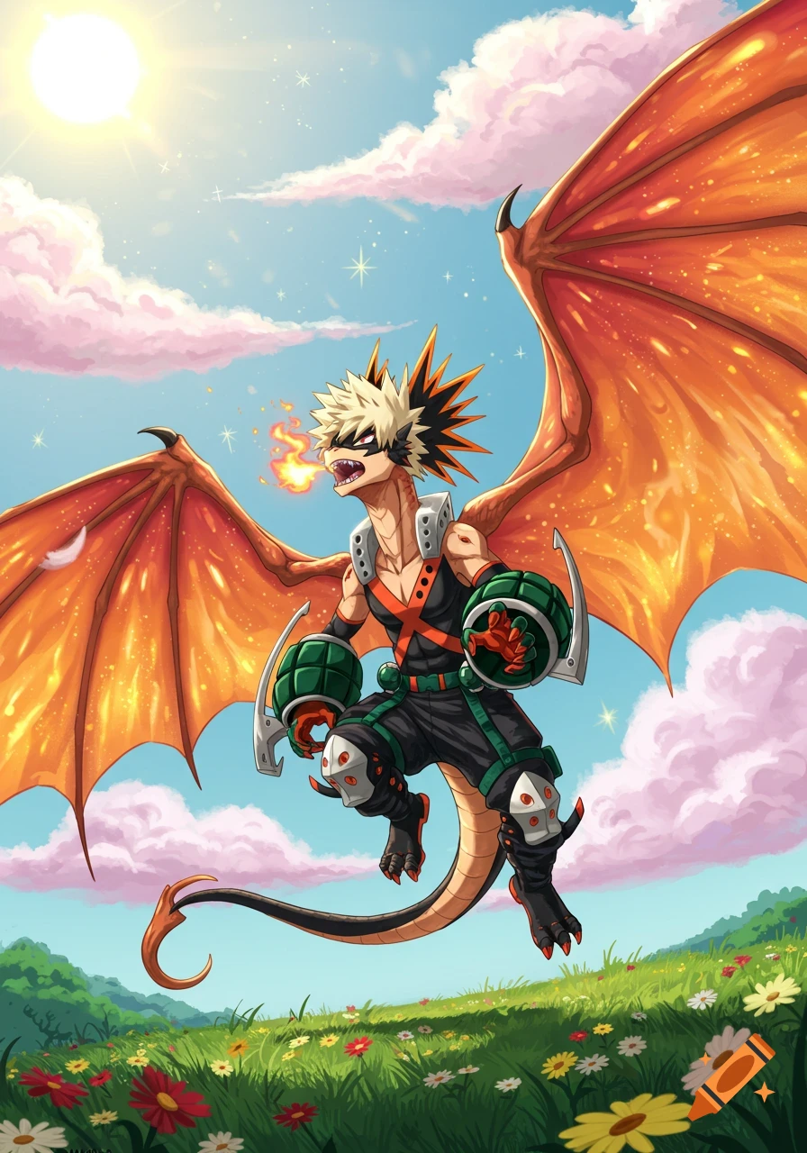 Anime-style illustration of Katsuki Bakugou as an orange-winged dragon, breathing fire, flying over a sunny field of flowers.