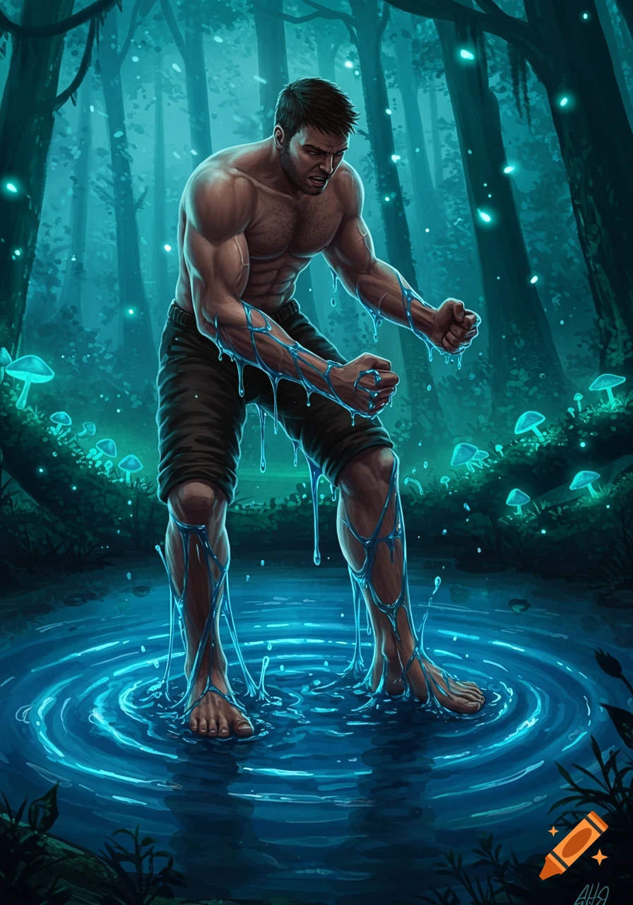 A muscular man struggles in a pool of glowing blue slime in a dark, mystical forest with glowing mushrooms.