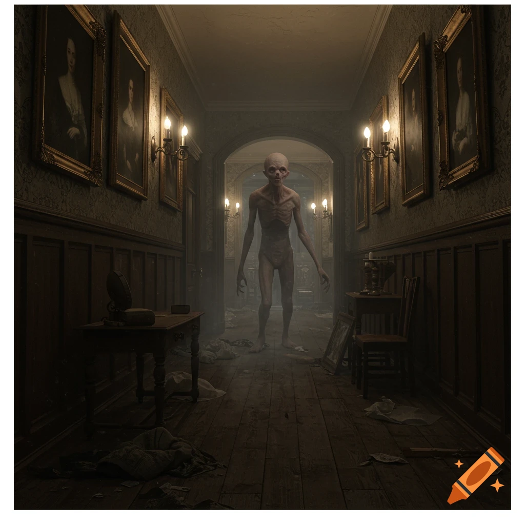 A photorealistic image of a gaunt, bald humanoid creature standing in a dimly lit, dusty, dilapidated gothic hallway with framed portraits and sconces.