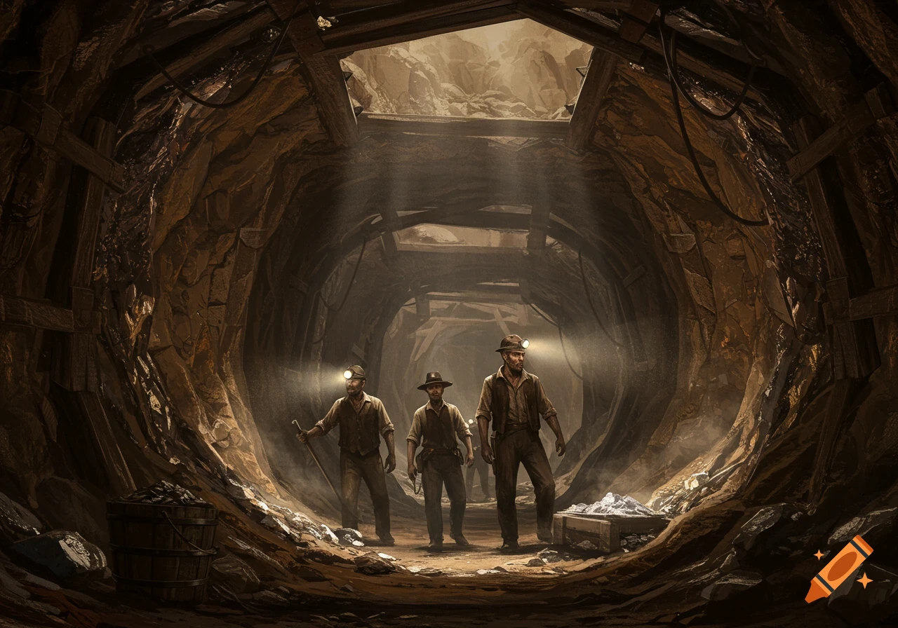 Three miners with headlamps stand in a dark, rocky mine tunnel, light streaming from an opening above.