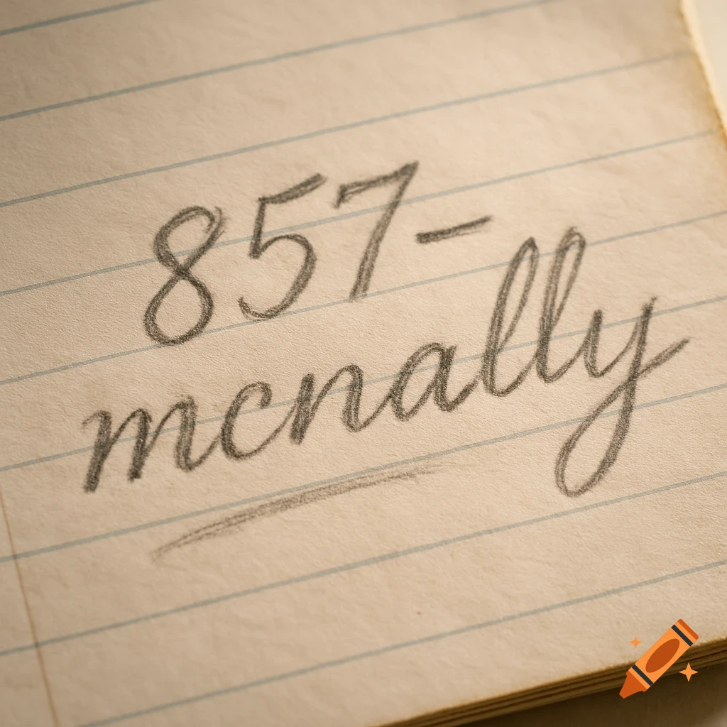 The number 857 and the word mcnally written in pencil on lined paper.
