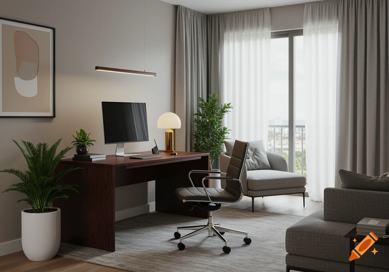 A modern home office setup in a living room with a dark wood desk, computer, lamp, ergonomic chair, plants, chaise lounge, and sofa.