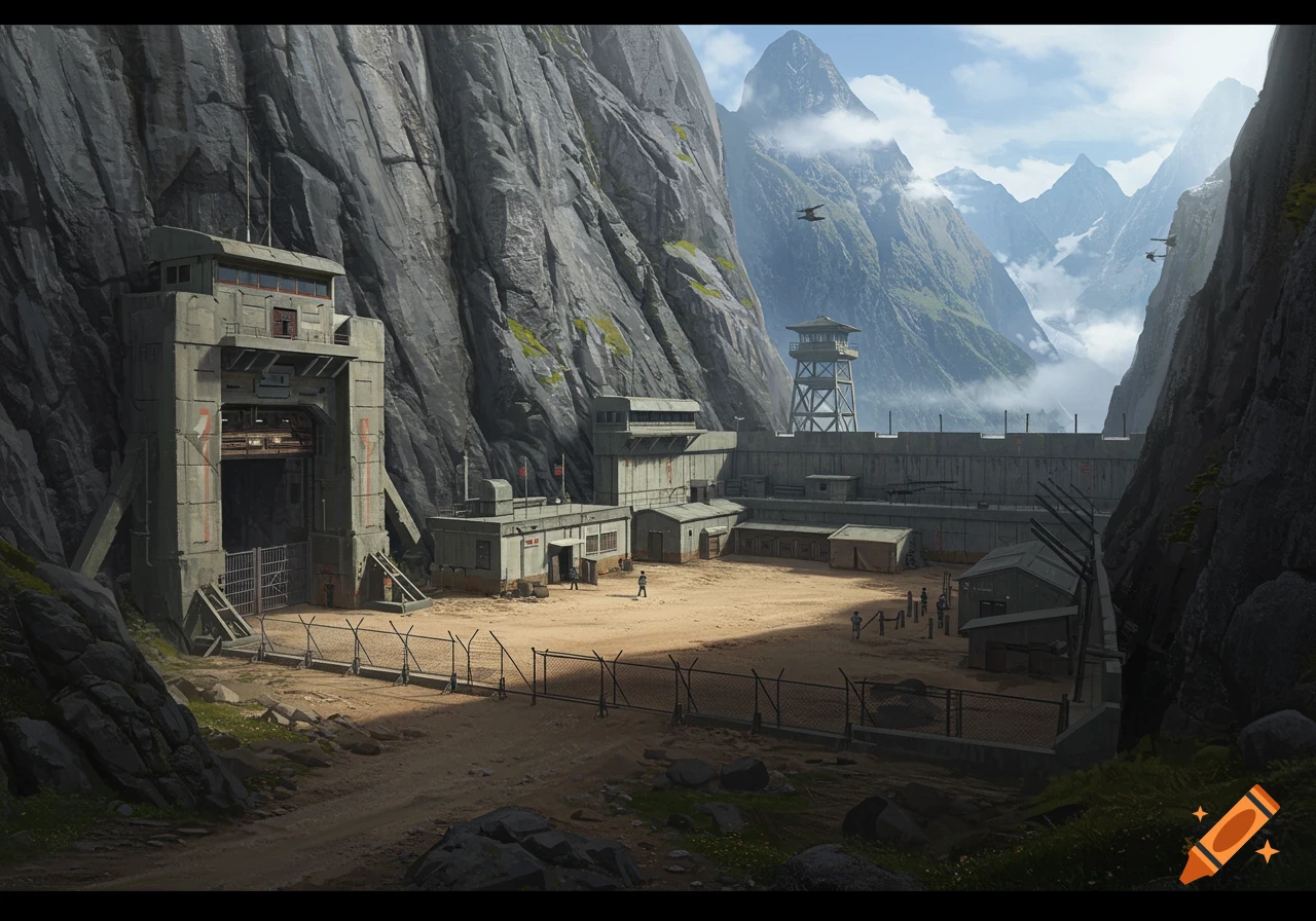 A military base nestled between towering, jagged mountains under a partly cloudy sky, featuring a large gate, watchtowers, and barracks buildings.