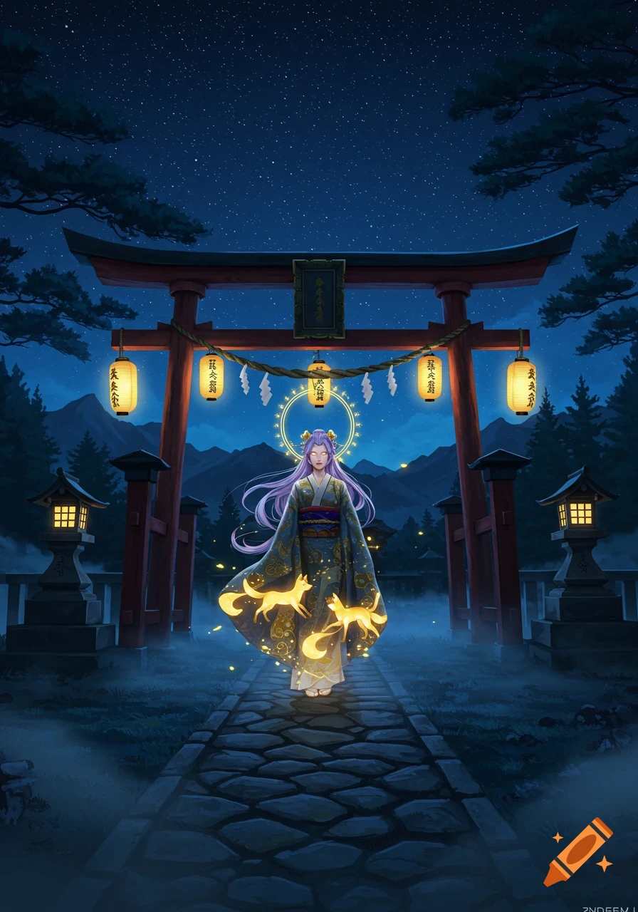An anime-style character in a kimono stands before a torii gate at night, with glowing fox spirits around her and mountains in the background.