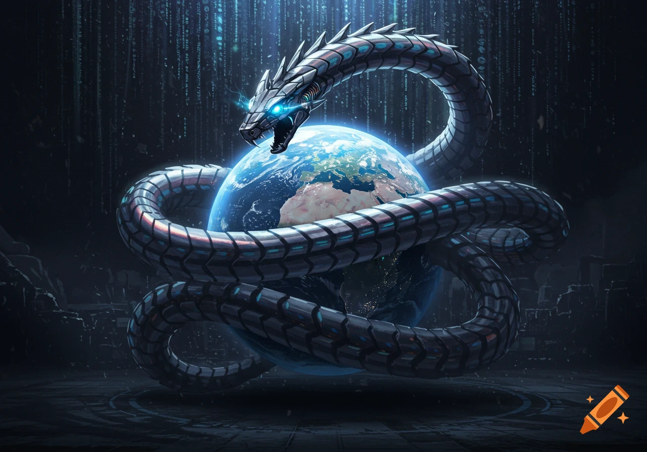 A metallic, cybernetic snake with glowing blue eyes coils around planet Earth, set against a dark background with falling blue digital code.