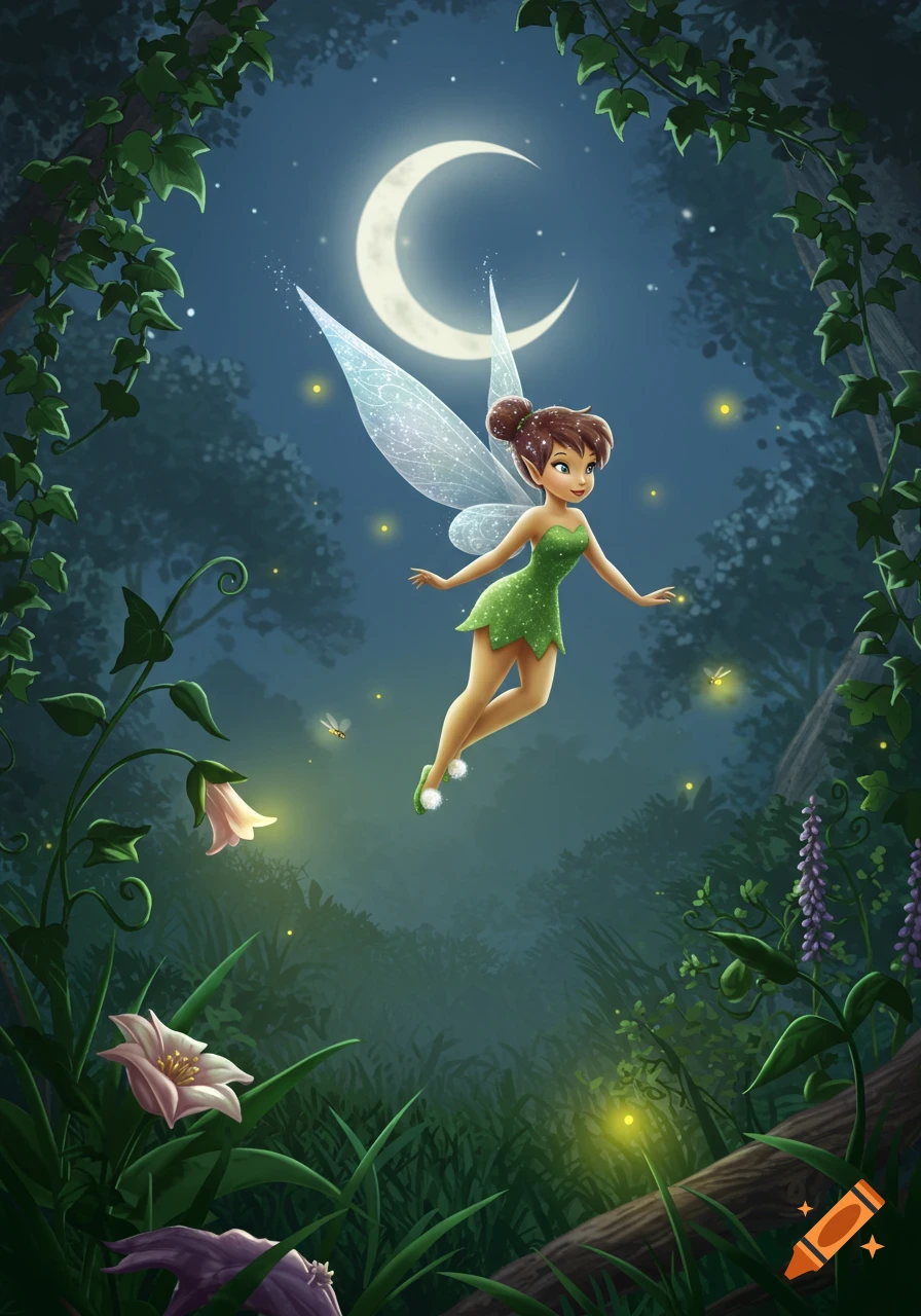 Tinker Bell flies through an enchanted forest at night under a crescent moon, with glowing fireflies and flowers.