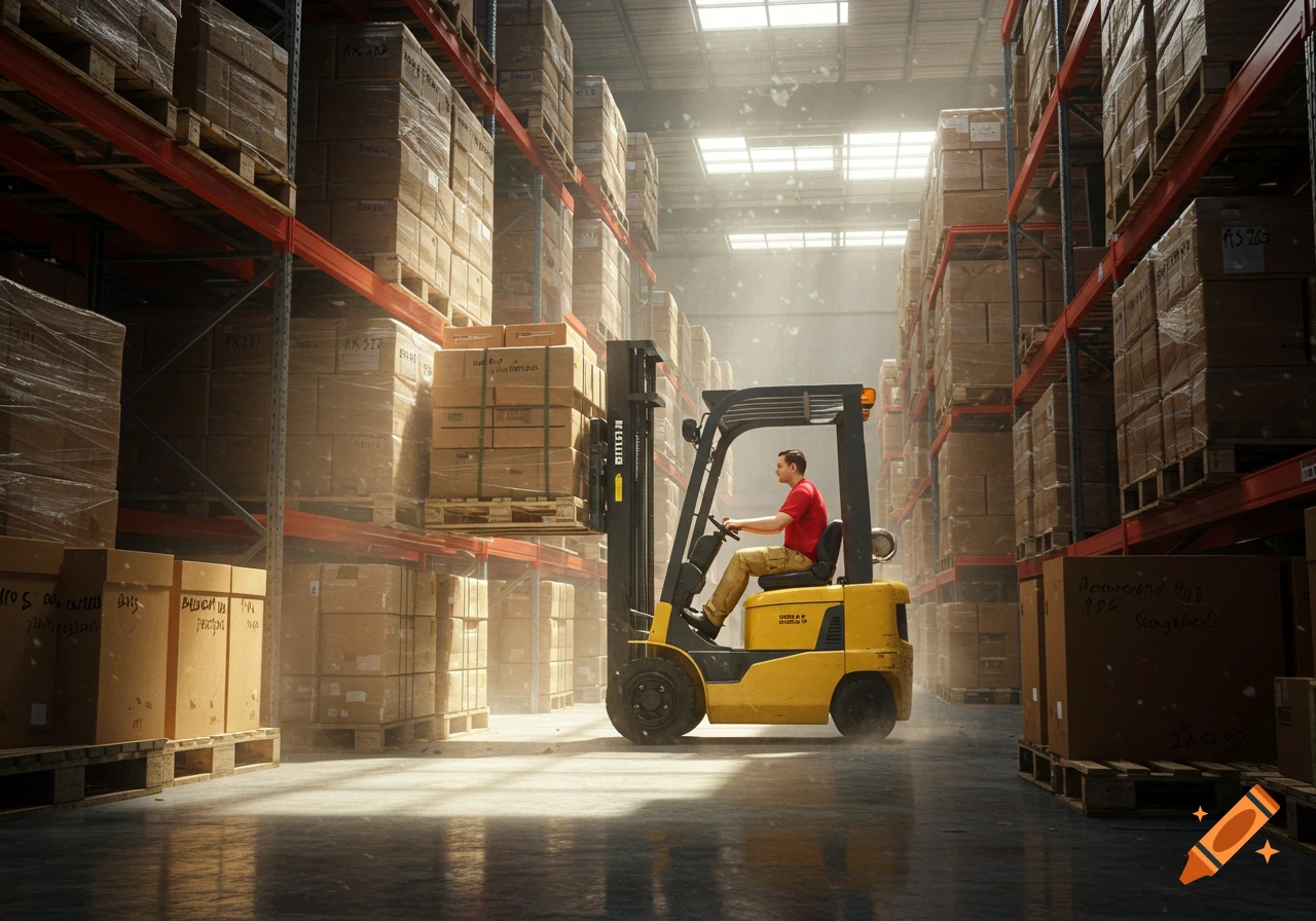 A man in a red shirt drives a yellow forklift, lifting boxes in a large, sunlit warehouse filled with tall shelves of inventory.