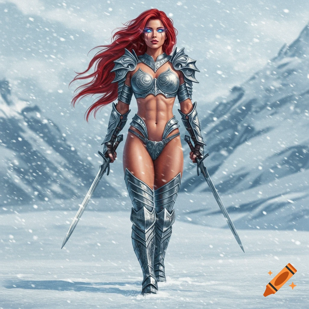 A muscular fantasy warrior woman with long red hair and glowing blue eyes, dressed in silver armor, stands in a snowy mountain landscape, holding two swords.