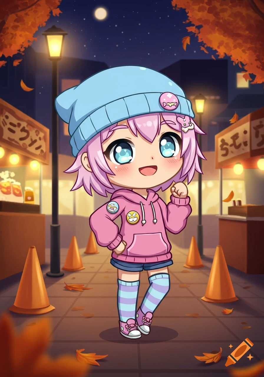 A cheerful chibi anime character with pink hair and a blue beanie stands on a street with autumn leaves at night.