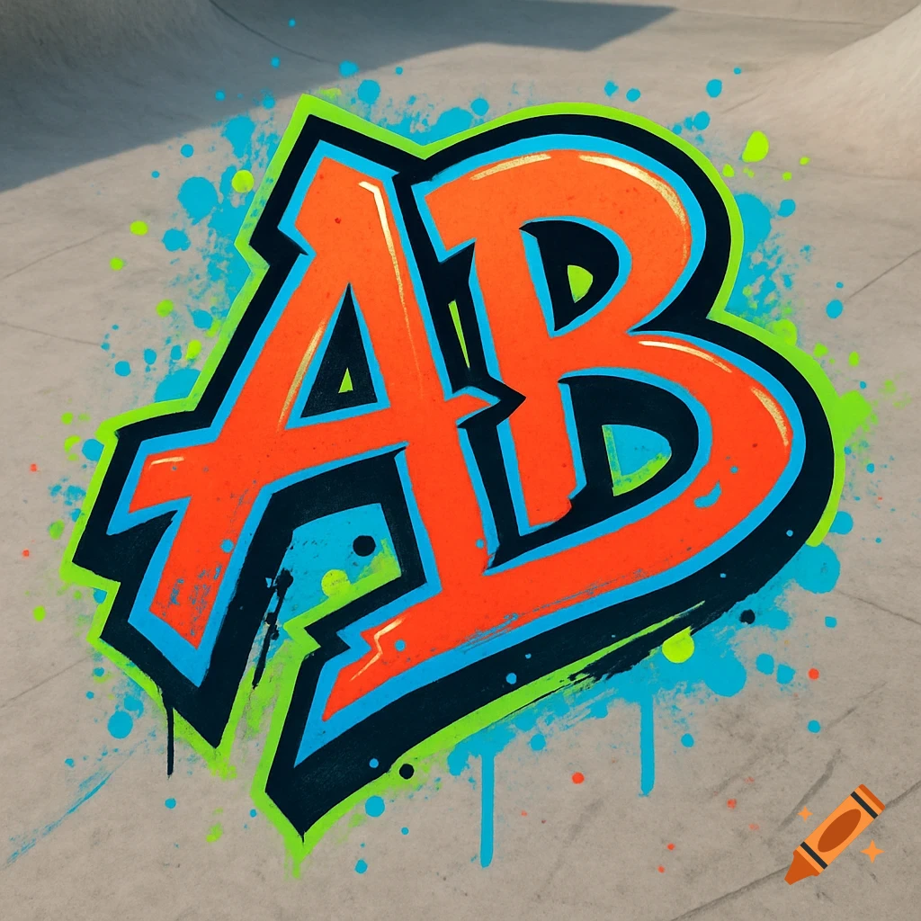 Graffiti-style logo featuring bright orange letters 'AB' with blue and green outlines and paint splatters, set on a concrete surface.
