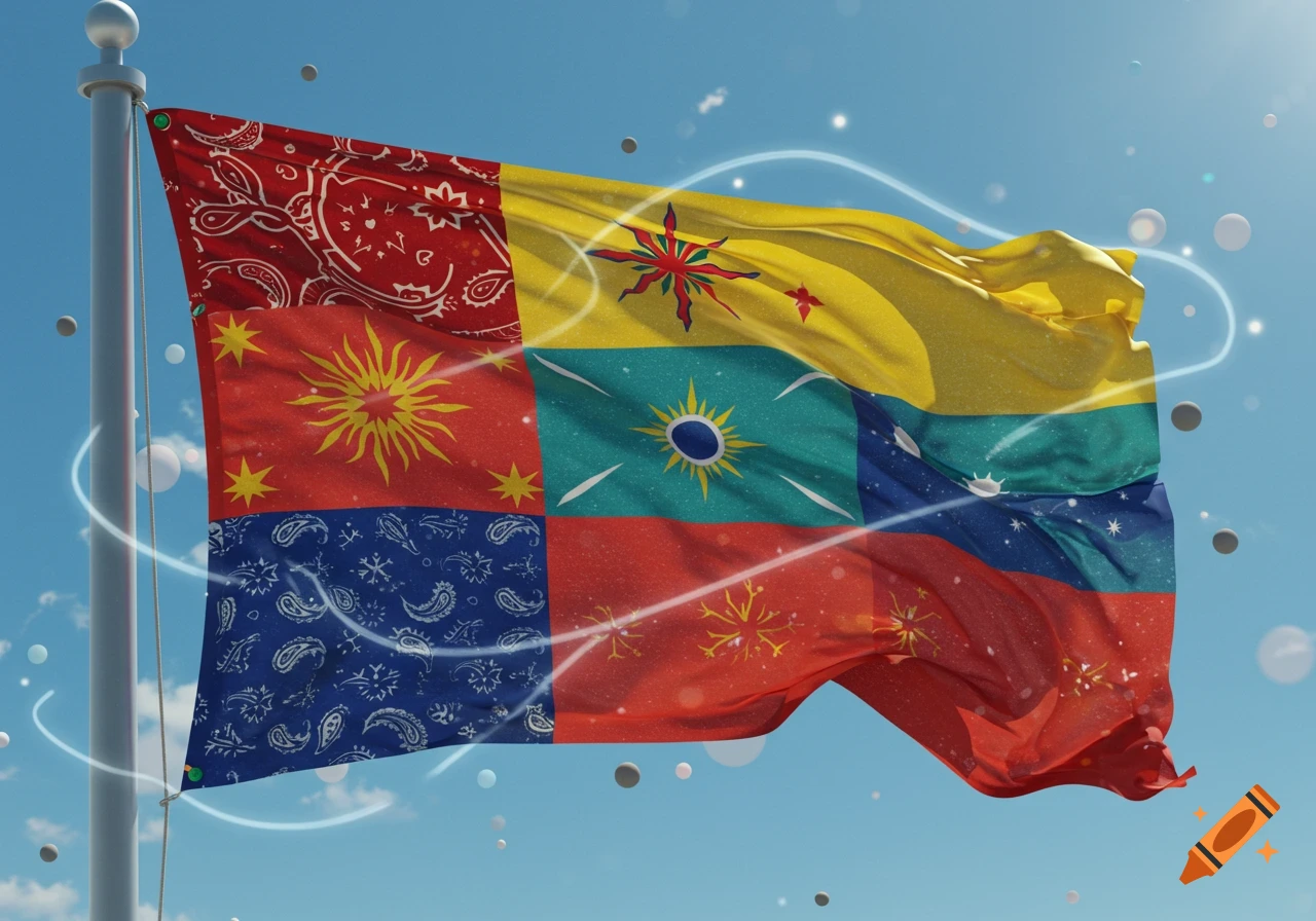 A multi-sectioned flag with paisley patterns, suns, and stars in red, yellow, blue, and teal, waving under a blue sky with glowing lines.