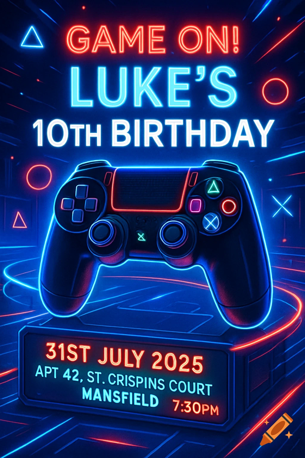 Neon birthday invitation for Luke's 10th birthday with a glowing video game controller.