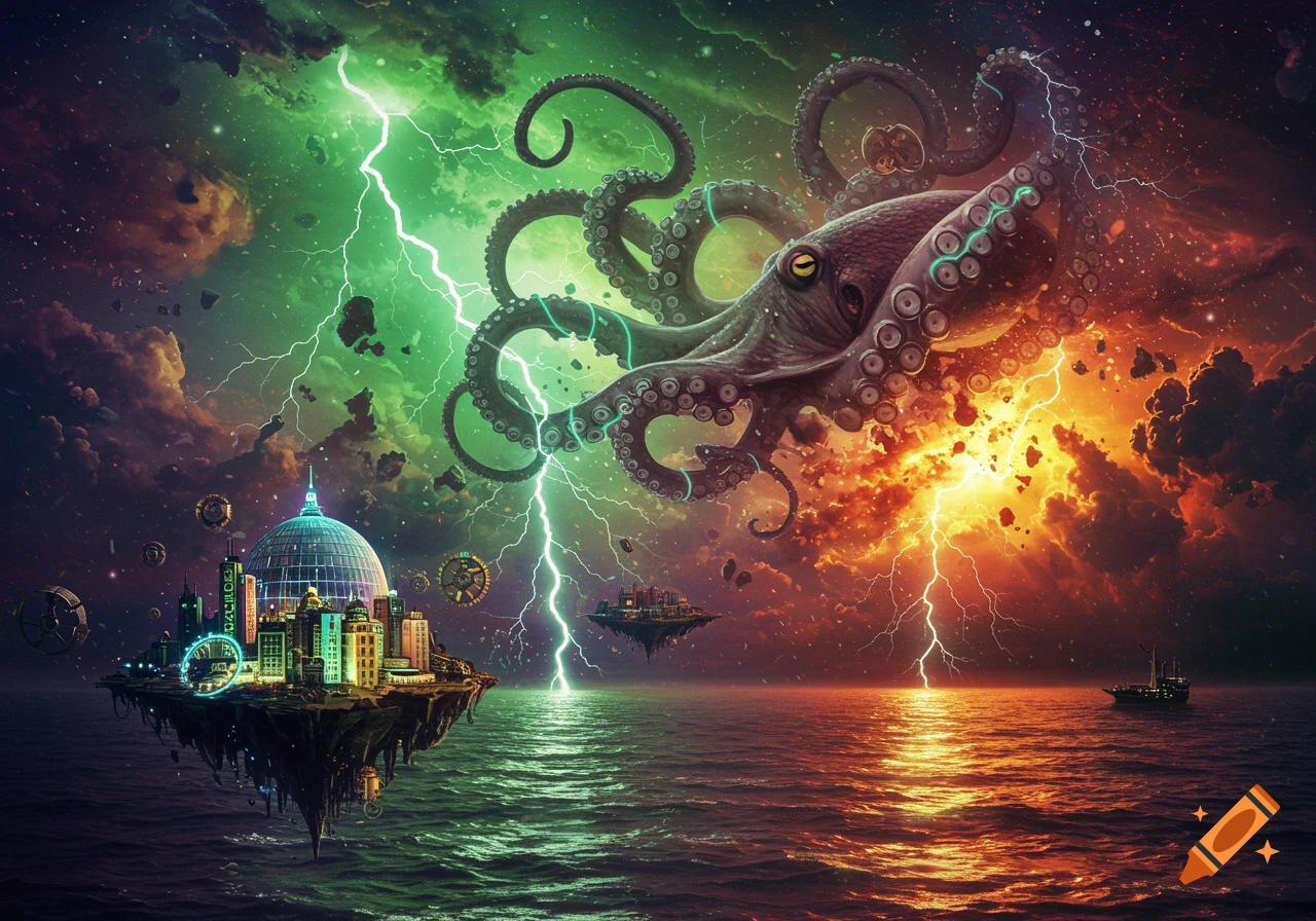 A giant octopus with glowing suckers and tentacles descends from a vibrant green and orange sky filled with lightning over a floating city island and ocean.