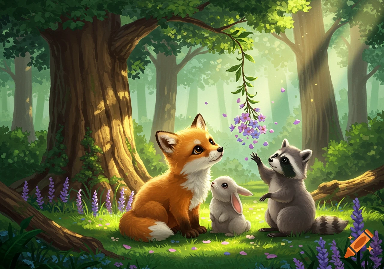 A cute fox, rabbit, and raccoon in a sunlit forest. The raccoon reaches for falling purple petals, surrounded by wildflowers.