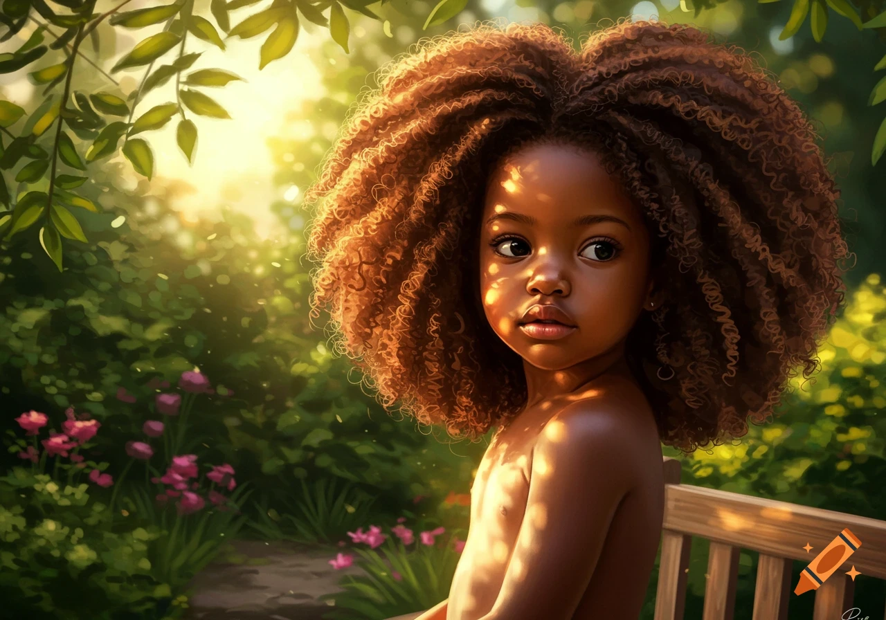 A young Black girl with large curly hair sits in a sun-dappled, green garden with pink flowers.