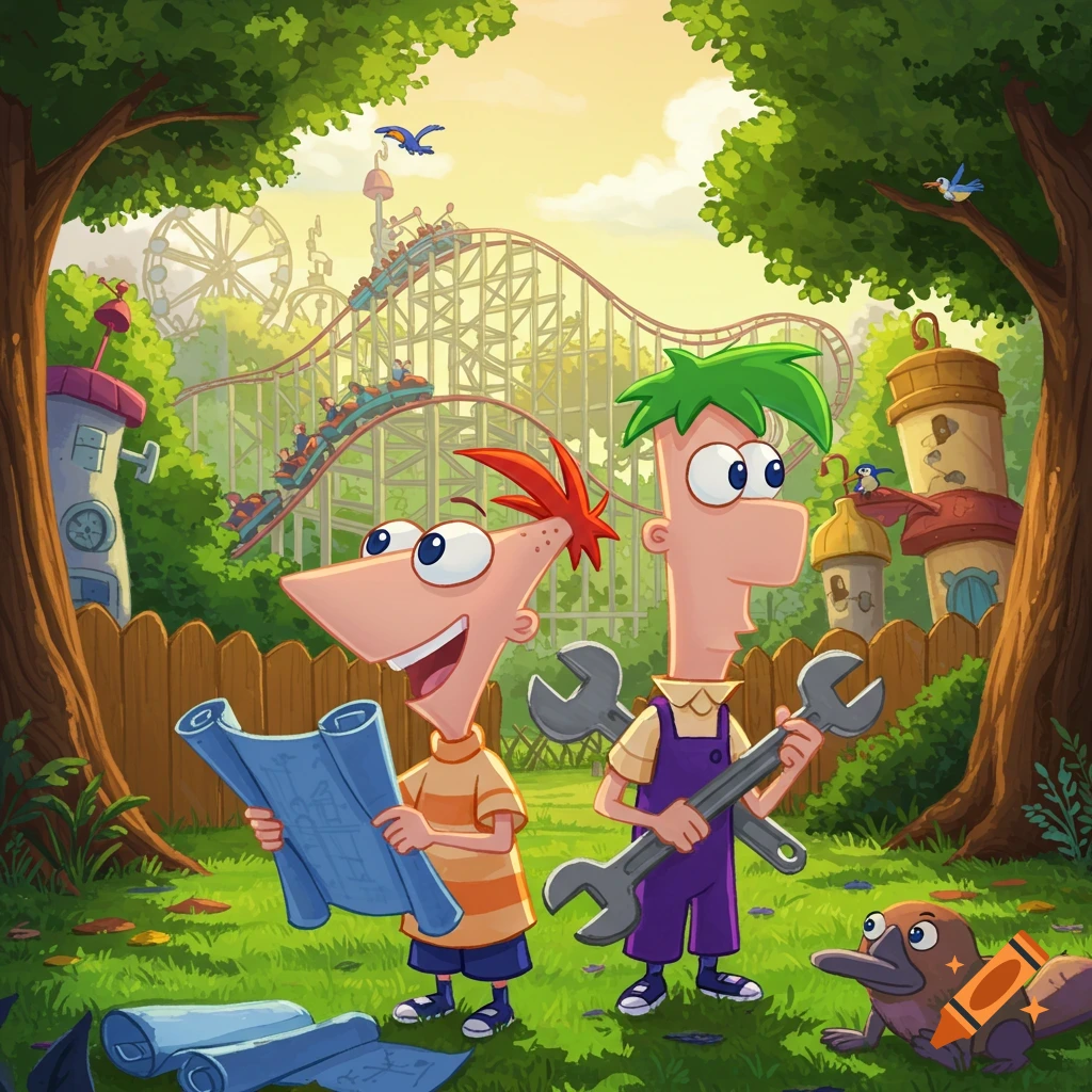 Cartoon illustration of Phineas holding blueprints and Ferb holding wrenches, with Perry the Platypus, in a sunny backyard with a rollercoaster in the background.