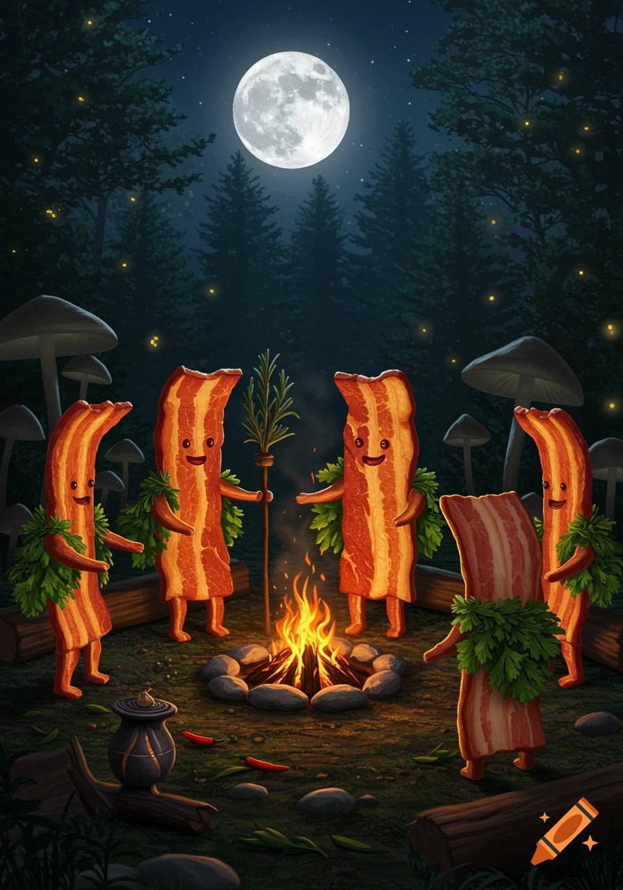 Anthropomorphic bacon strips with leaf skirts gather around a campfire in a dark forest under a full moon.