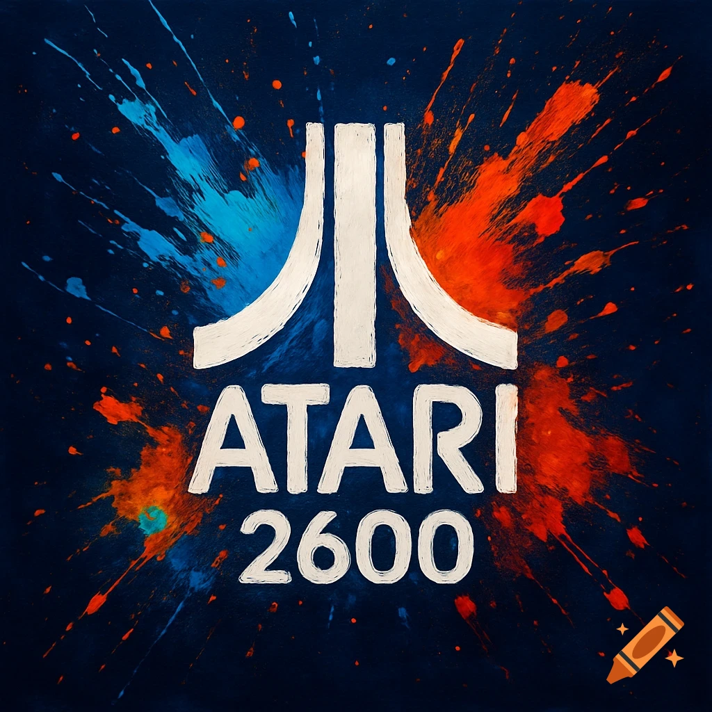 White Atari 2600 logo with blue and orange paint splatters on a dark blue background.