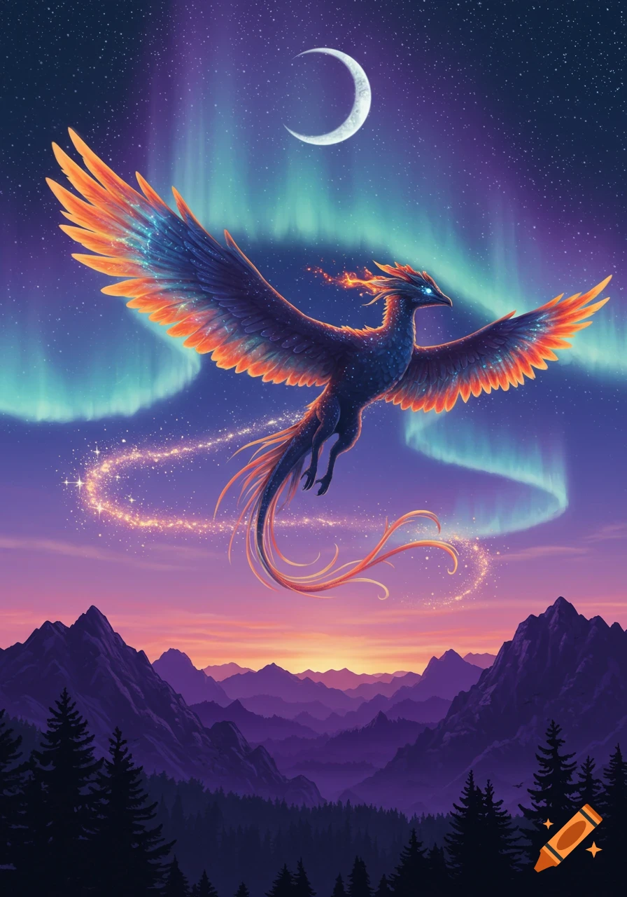 Vibrant phoenix-like bird with fiery wings flying through a starry night with a crescent moon and aurora borealis over mountains.