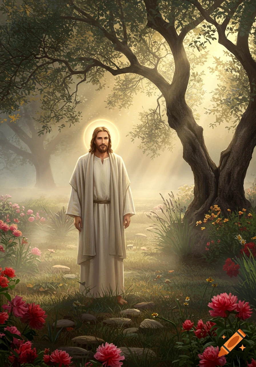 Jesus with a halo standing in a radiant, lush garden with trees and pink flowers, digital painting.