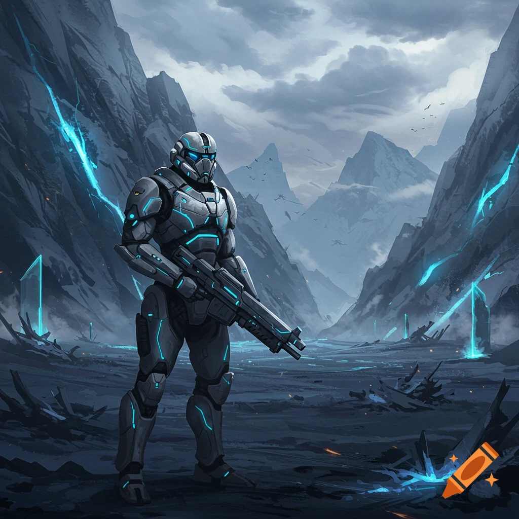 A futuristic soldier in gray and blue armor holding a rifle stands in a mountainous alien landscape with glowing blue elements.