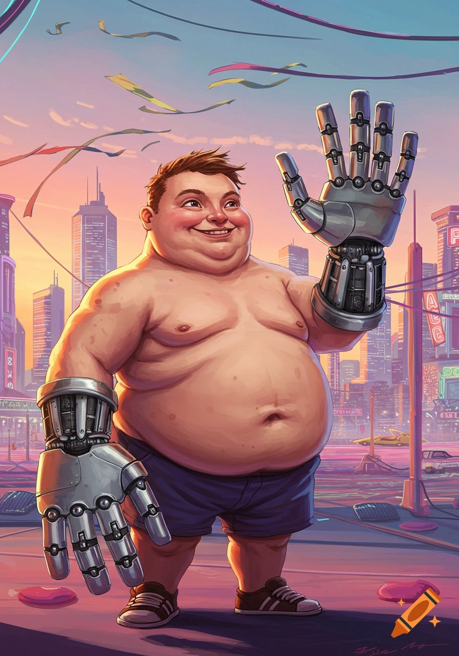 An obese man with a double chin and large silver robotic hands stands in a futuristic city at sunset, smiling and waving. The art style is a vibrant, detailed cartoon.