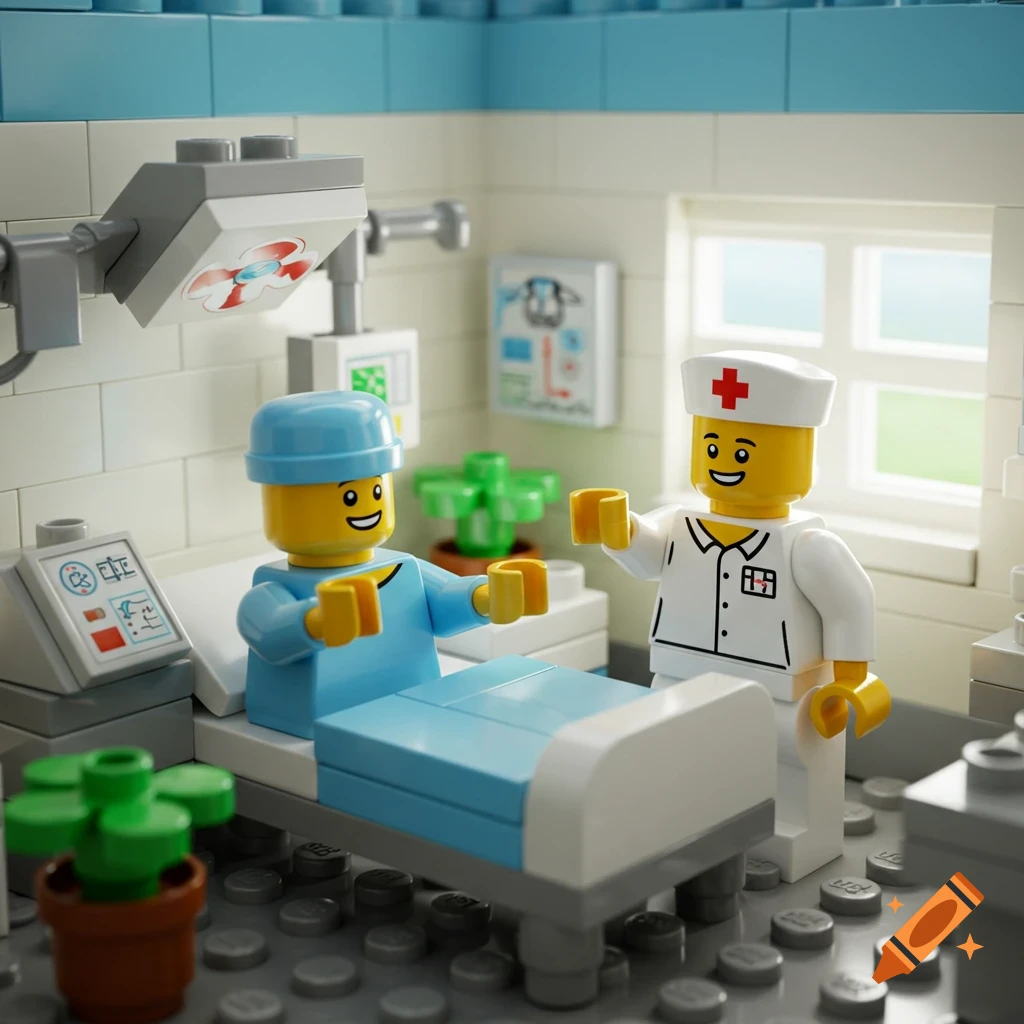 Lego minifigures in a hospital room, with a patient in a bed and a nurse standing beside them, both with arms raised.
