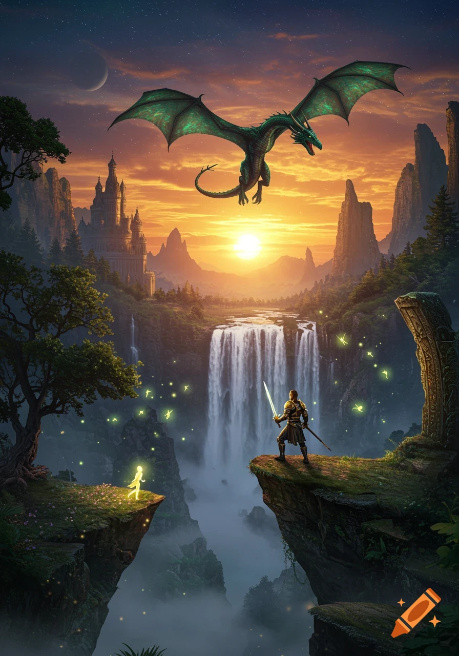 A fantasy landscape at sunset with a warrior facing a dragon above a waterfall, a castle in the distance.