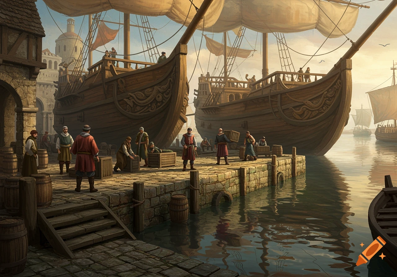 Medieval dockyard scene with large wooden ships moored at a stone quay. People are loading crates, and other ships are in the background on the water.