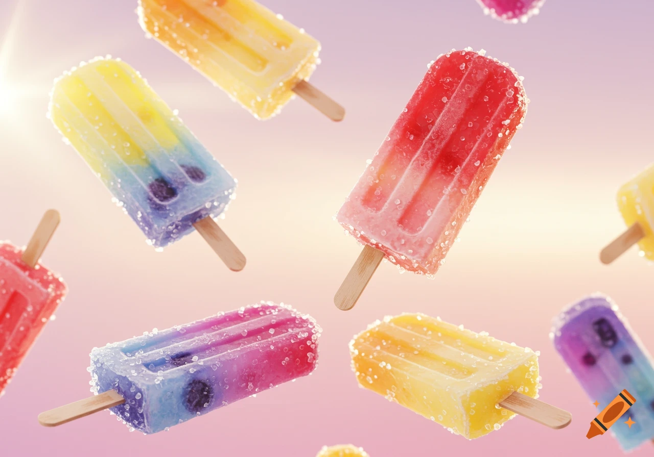 Multiple colorful popsicles with sugary coatings float against a soft pink and yellow gradient background.