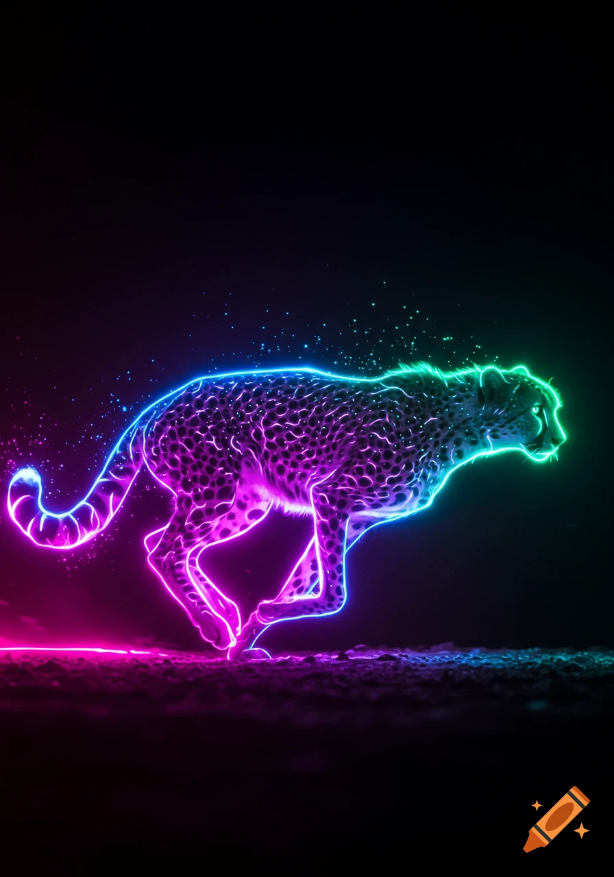 A stylized cheetah in glowing neon pink, blue, and green runs across a dark background.