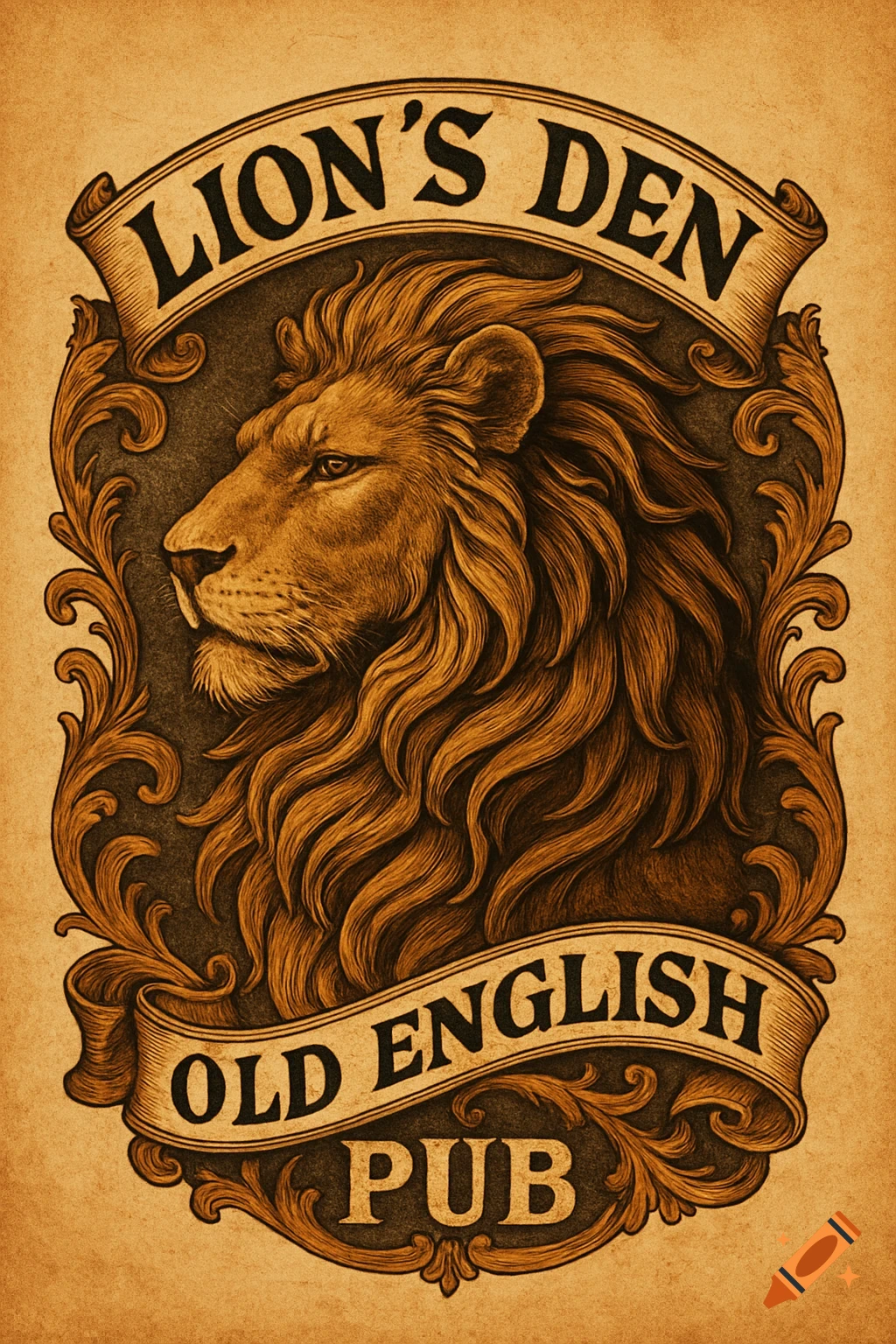 Vintage logo for 'Lion's Den Old English Pub' featuring a detailed illustration of a lion's head surrounded by ornate scrollwork.