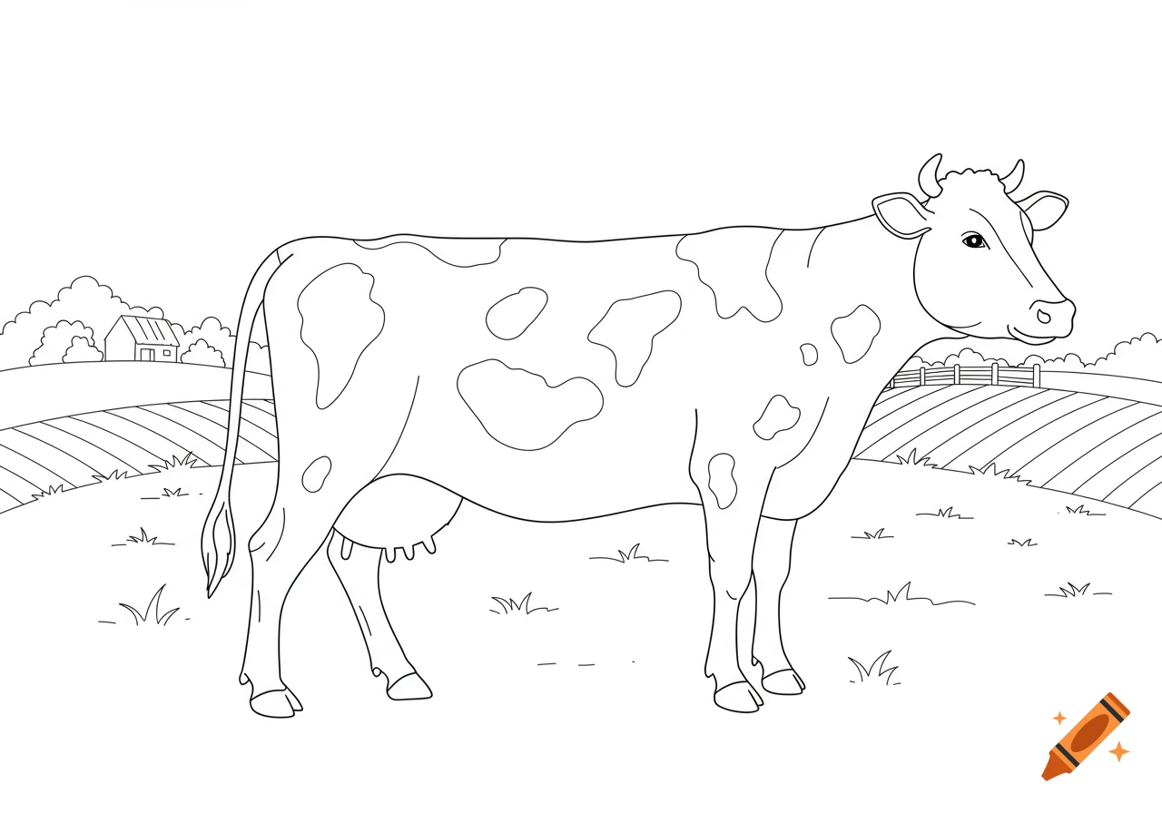 Black and white line art of a cow standing in a field with a farm and barn in the background, designed as a coloring page.