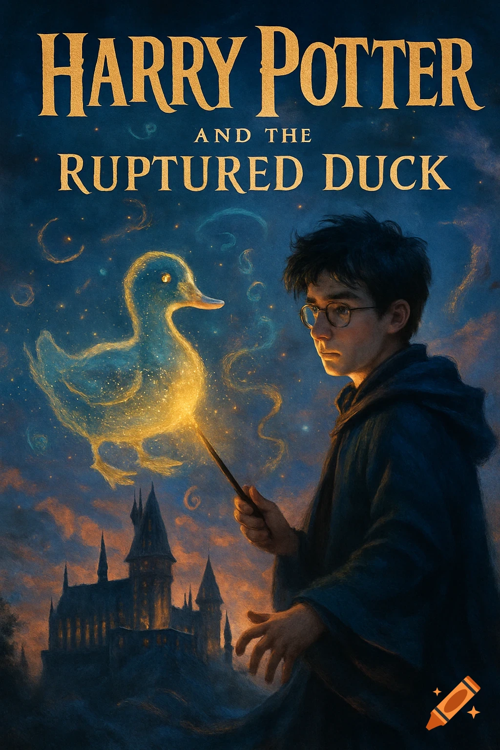 Book cover of Harry Potter conjuring a glowing duck with a wand, a castle beneath a starry night sky.