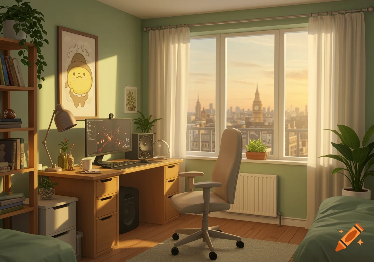 A cozy, pastel green room with a wooden desk and PC setup, a beige office chair, and a large window looking out onto a city skyline with a prominent clock tower during sunset.