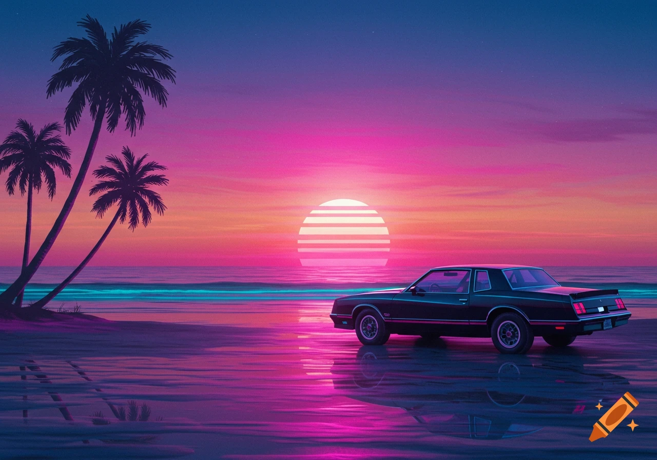 A retro-futuristic black car on a beach with palm trees at sunset, featuring vibrant pink, purple, and blue hues.