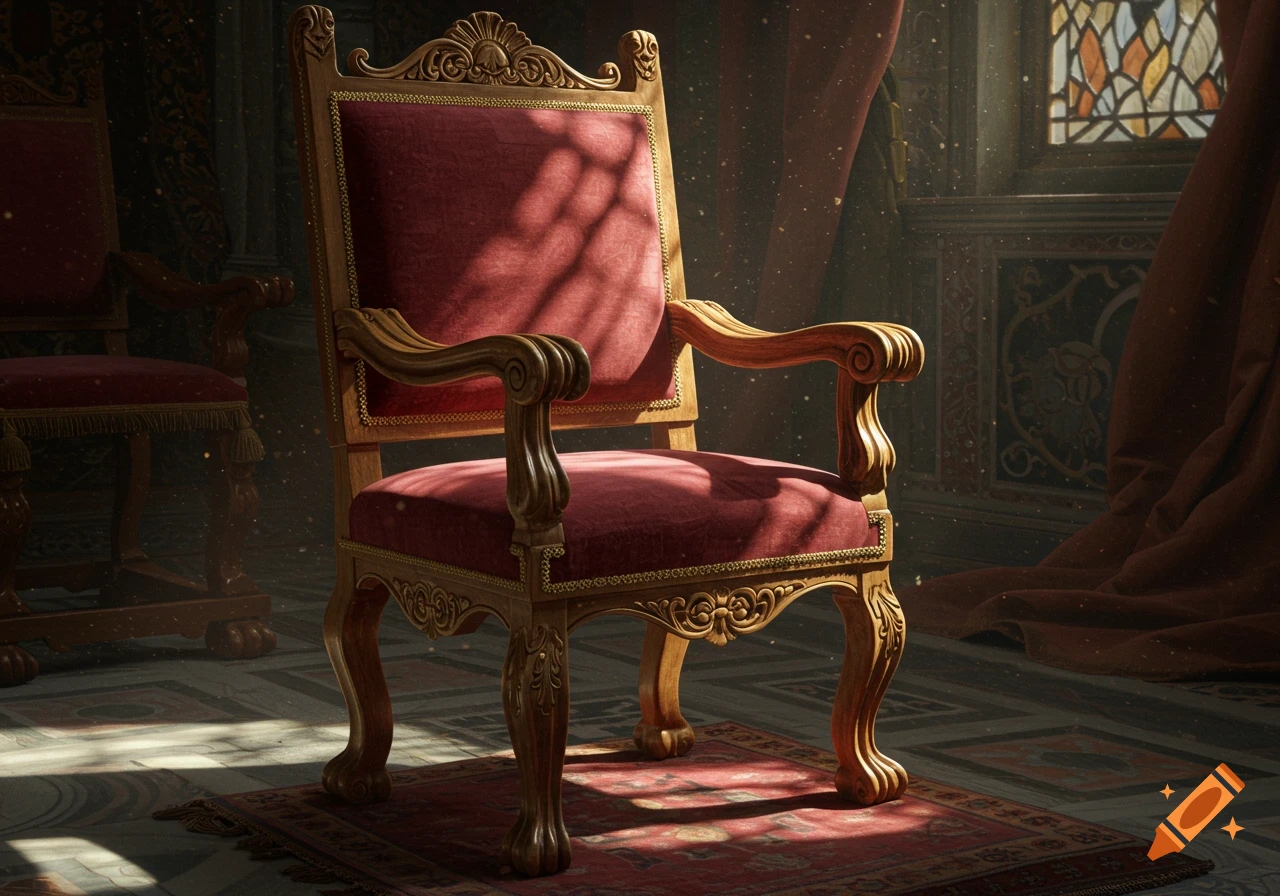 An ornate, red velvet armchair with golden wood carvings sits on a patterned rug in a dimly lit room with a stained-glass window.