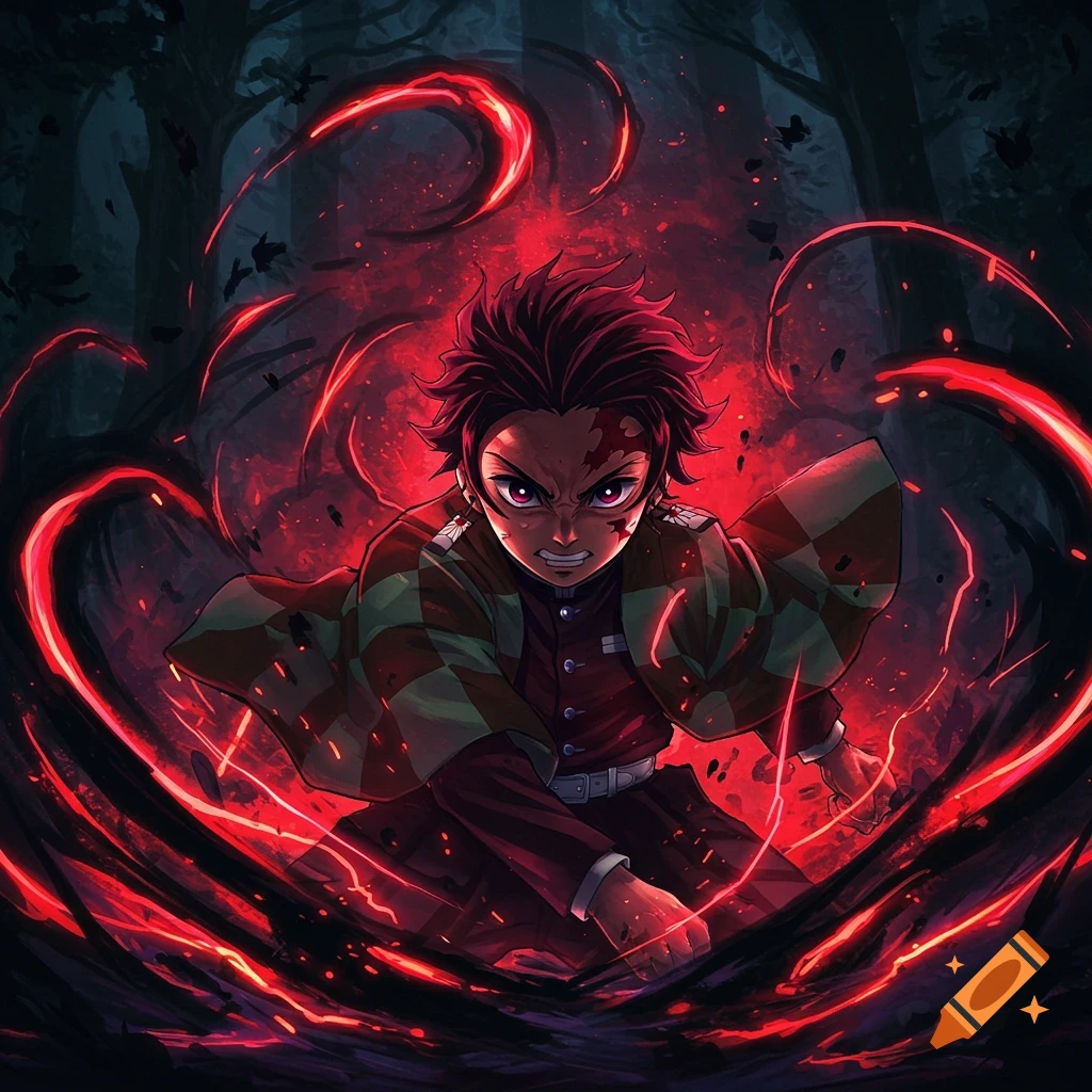 An anime illustration of Tanjiro Kamado raging with a fiery red aura in a dark forest.