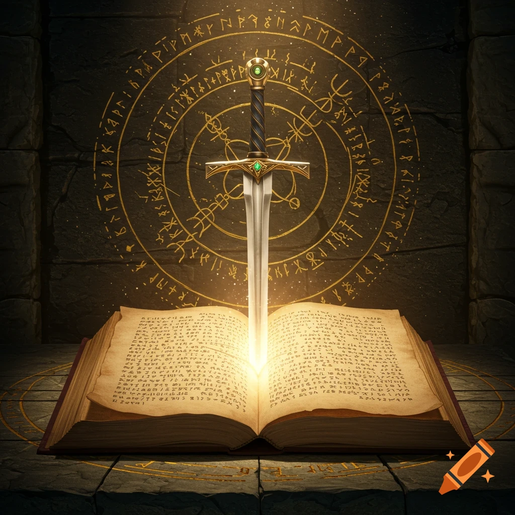 A longsword plunged into a glowing open book, set against a dark, stone wall with mystical golden runes and symbols, in an ancient chamber.