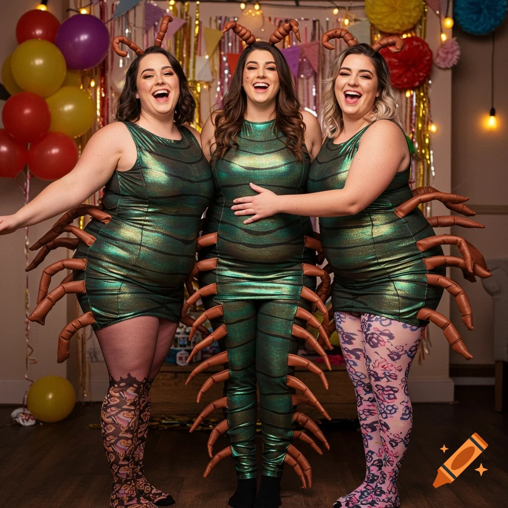 Three women dressed in shimmering green centipede costumes with multiple brown legs, smiling and embracing at a party.