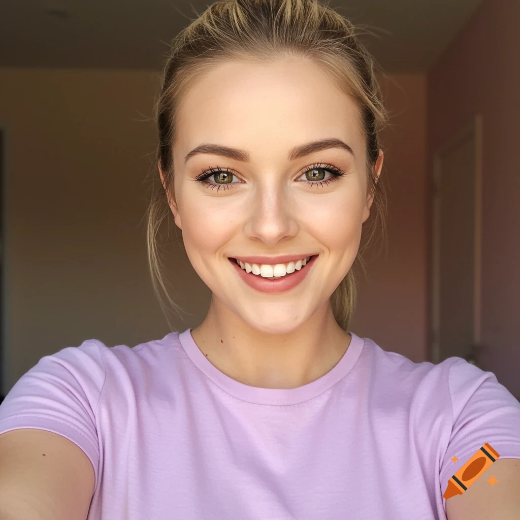 A smiling blonde woman with green eyes in a purple t-shirt takes a selfie.