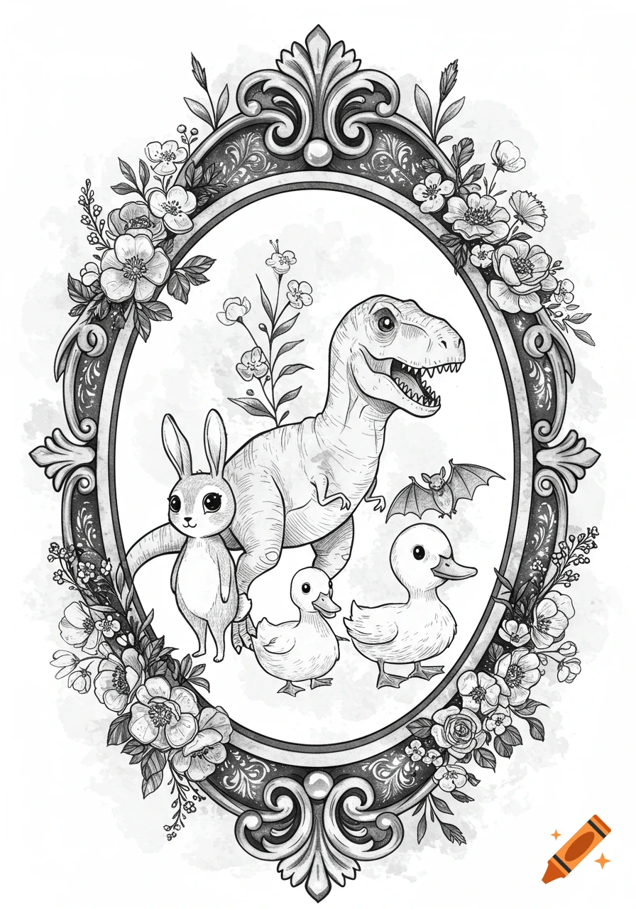 Black and white line art of a cute bunny, T-Rex, two ducklings, and a bat in an ornate oval floral frame.