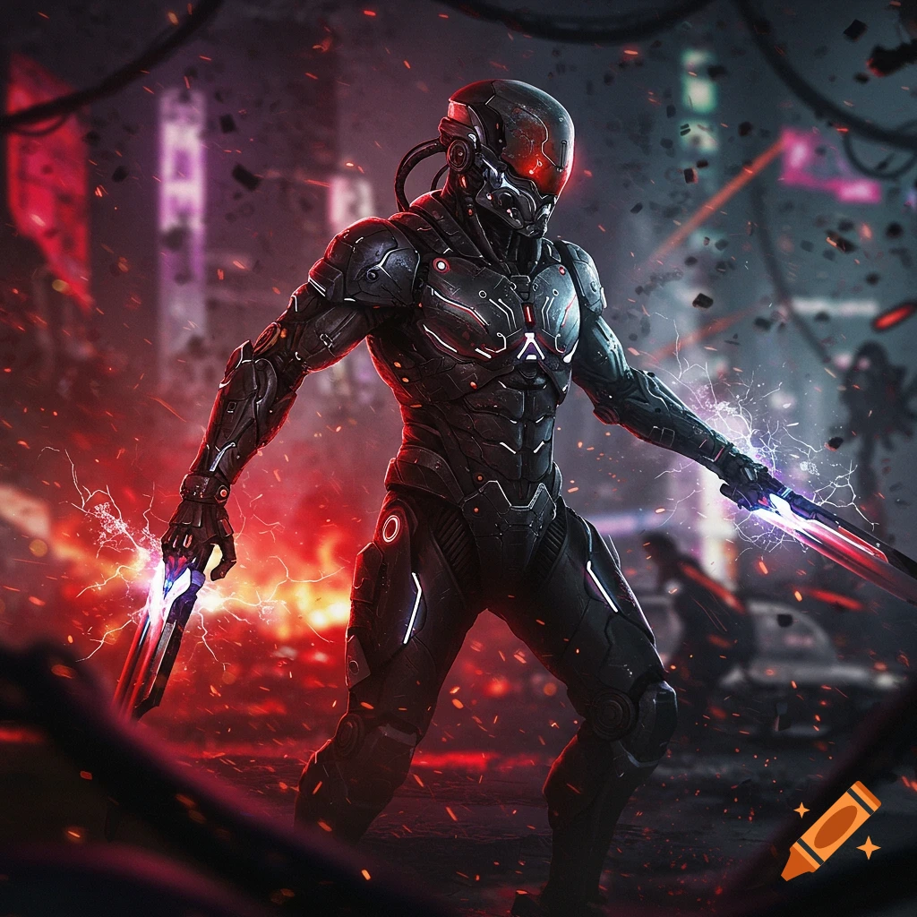 A futuristic armored cyber-soldier with glowing red eyes in a dark, spark-filled urban landscape, holding two energy blades.