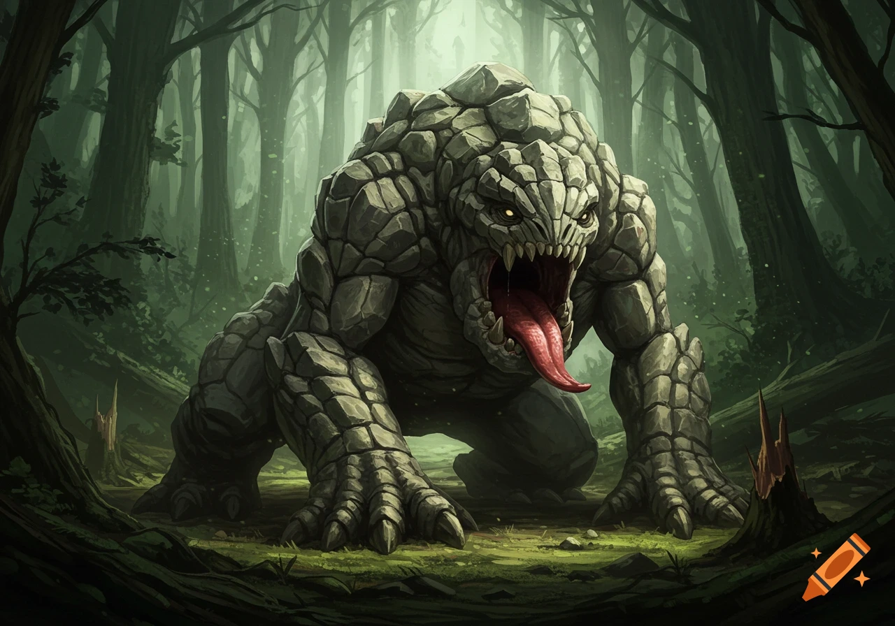A fearsome rock monster with glowing eyes and a long red tongue crouches in a dark, misty forest.