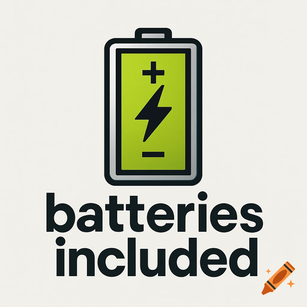 A green battery icon with a black lightning bolt and plus/minus signs, above the text 'batteries included'.
