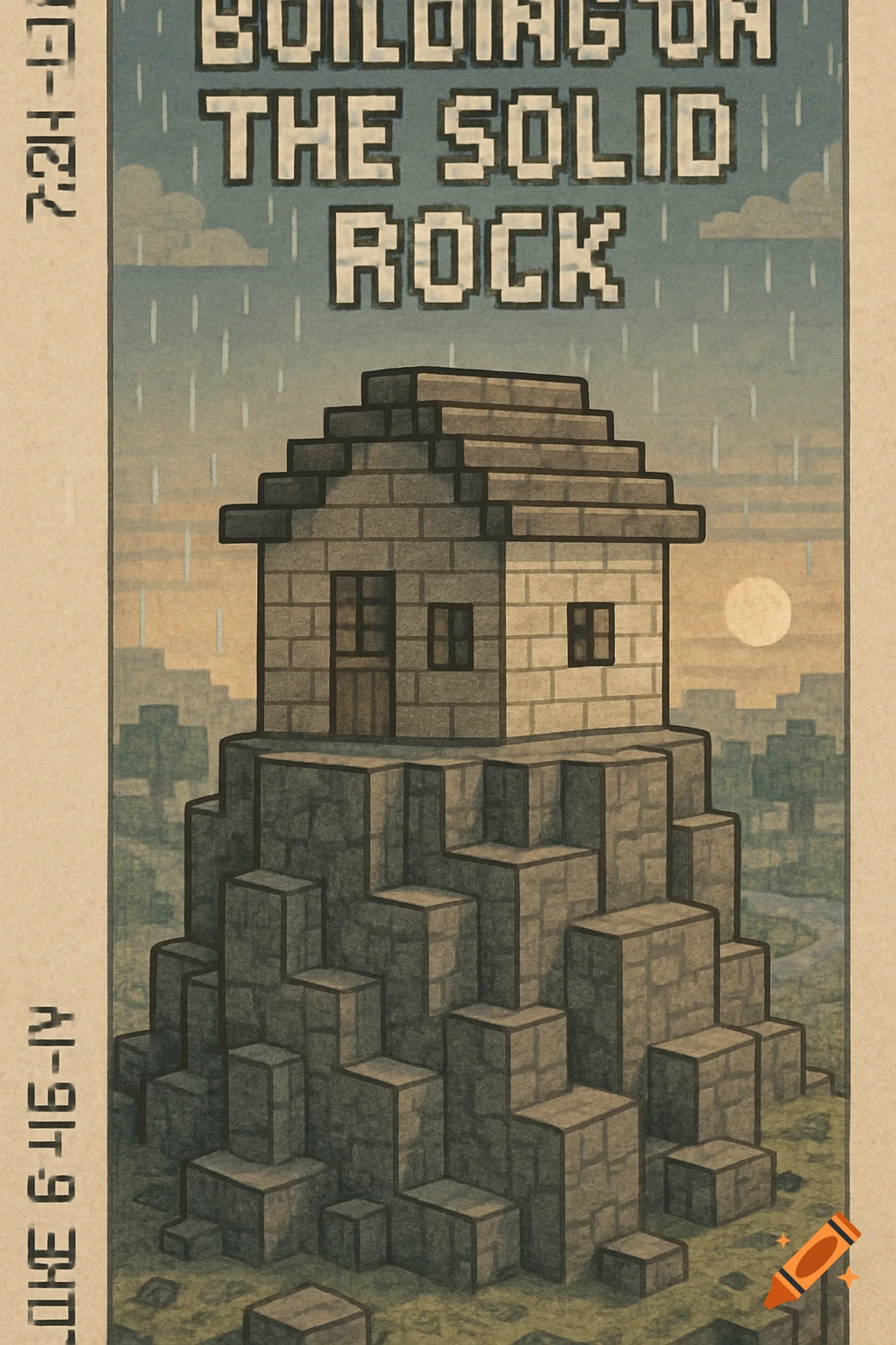A Minecraft-inspired illustration of a blocky house on a solid rock foundation under a rainy sky. Text reads 'BUILDING ON THE SOLID ROCK', 'Matthew 7:24-27', and 'Luke 6:46-49'.