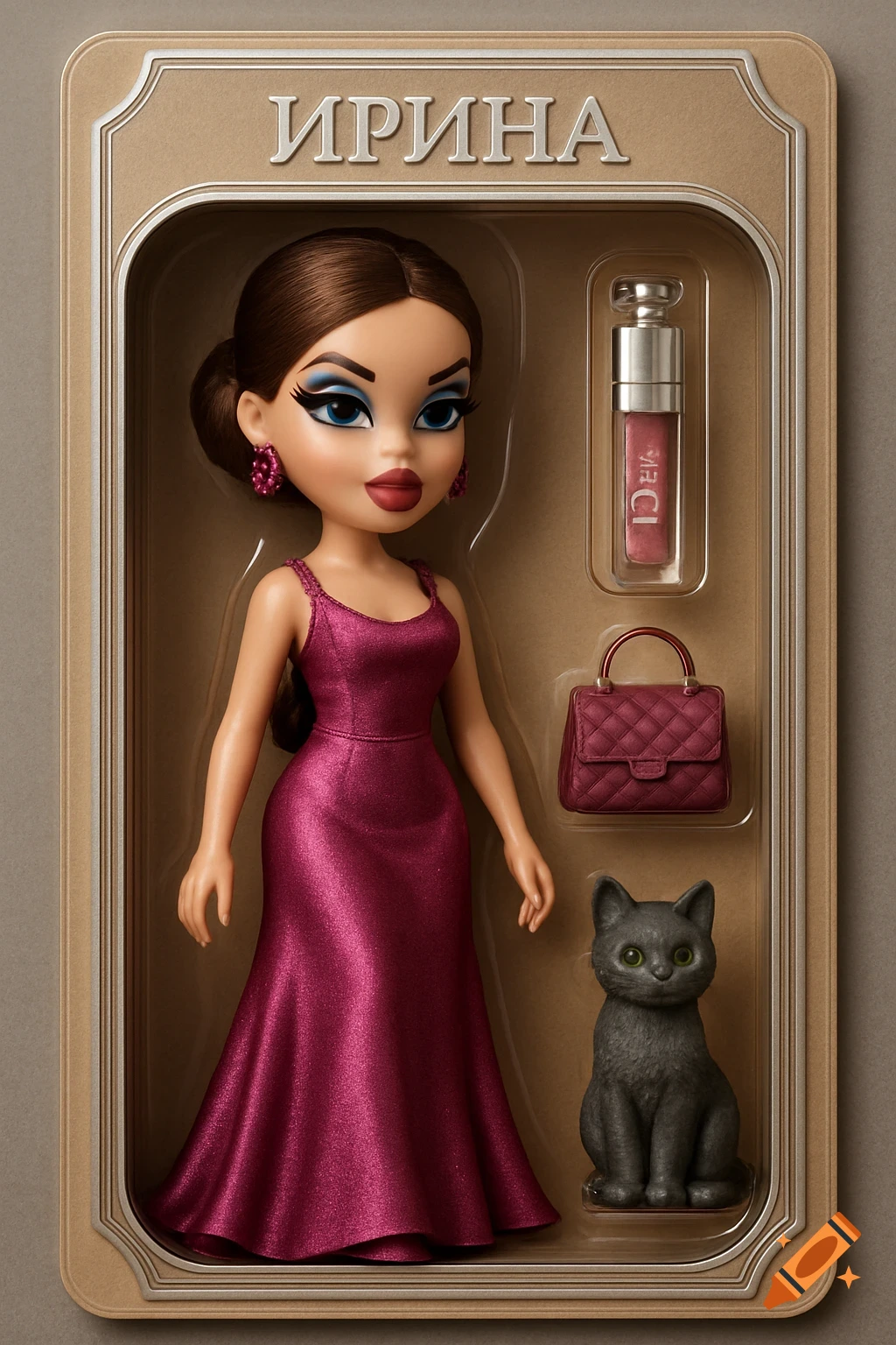 A hyper-realistic Bratz-style doll with brown hair and a fuchsia dress in collectible packaging, with a lip gloss, handbag, and cat figurine.